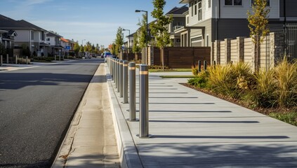 Metal bollards placed by the road in a contemporary housing area serve as barriers for vehicles, enhancing traffic management and pedestrian protection