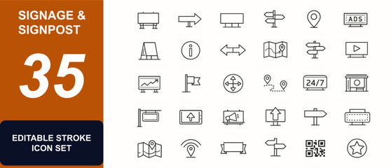 Signage and signpost symbols web icons in line style. Billboard, arrow direction, advertising board, navigation guide, street indicator, media. Editable stroke. Vector illustration. © JIm Studio
