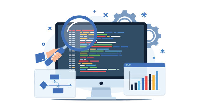 Software analysis and development with magnifying glass, programming code on computer screen, flowchart and graph charts, flat vector illustration