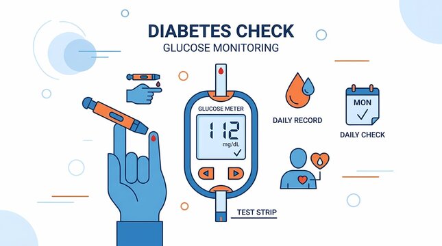 Illustration of diabetes check and glucose monitoring process with a blood sugar meter and daily record icons.