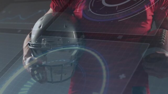 HUD sweeping, red jersey player lowering silver helm, cradling ball, camera shifting showcasing kit