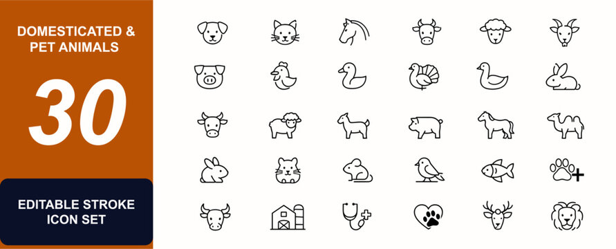 Domesticated and pet animals web icons in line style. Dog, cat, horse, livestock, poultry, veterinary care, wildlife symbols, farmyard mammals, zoo fauna, agriculture. Vector illustration.