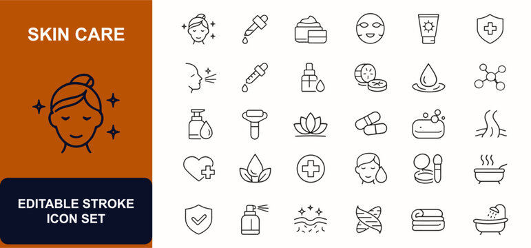 Skin care web icons in line style. Beauty treatment, dermatology therapy, moisturizing cream, serum dropper, facial mask, makeup powder, wellness protection, body hygiene. Vector illustration.