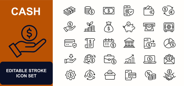 Cash web icons in line style. Currency banknote, coin stack, finance payment, salary income, savings fund, ATM withdrawal, business capital. Editable stroke. Vector illustration.