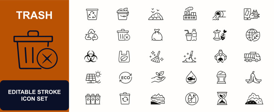 Trash web icons in line style. Garbage disposal, recycle bin, compost bucket, pollution control, landfill waste, eco cleanup, biodegradable bag. Editable stroke. Vector illustration.