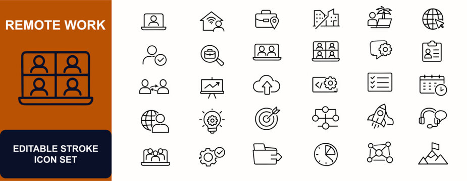 Remote work web icons in line style. Freelance business, hybrid office, digital nomad, home workspace, laptop meeting, team collaboration, cloud project. Editable stroke. Vector illustration.