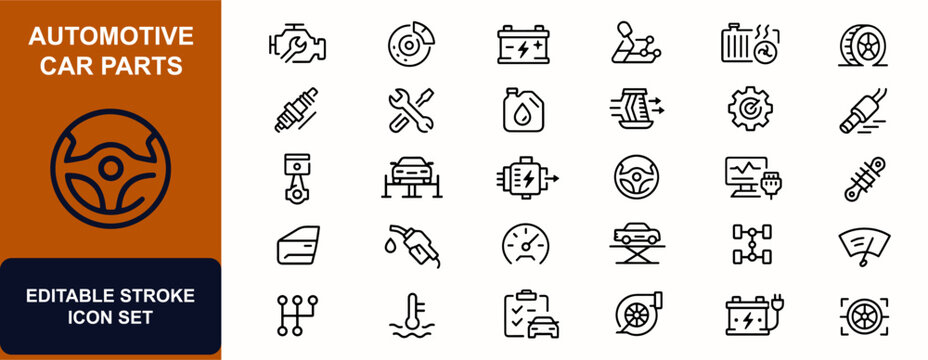 Automotive car parts web icons in line style. Engine repair, brake system, battery power, transmission gear, radiator cooling, tire service, spark plug, garage tool. Vector illustration.