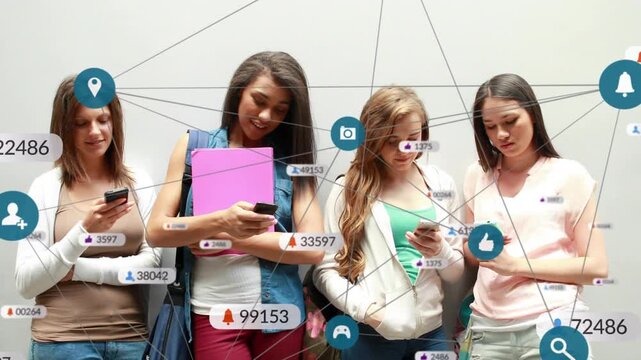 Four females tapping phones, multiplying icons and badges, overlaying around subjects for marketers