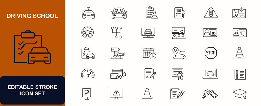 Driving school web icons in line style. Car training, instructor lesson, traffic exam, road rules, steering wheel, gearbox, classroom study, student license. Editable stroke. Vector illustration.