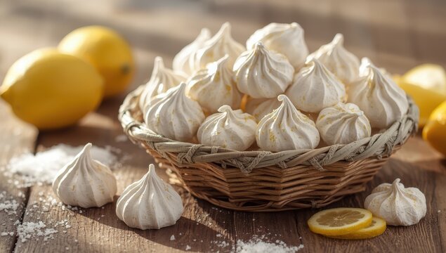 Meringue is a sweet treat of egg whites, sugar, and lemon placed in a basket on a wooden table