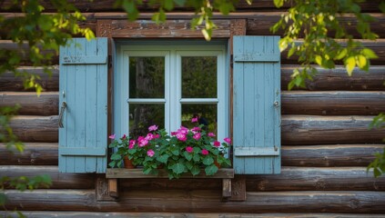 Obraz premium Wooden shutters around a window with pink geraniums in a classic Russian log home, highlighting architectural heritage