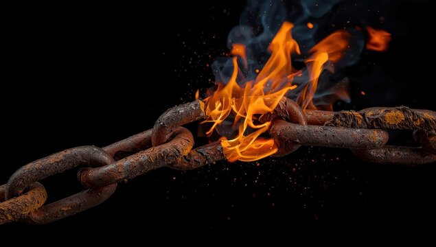 isolated rusty chain break with fire and flames