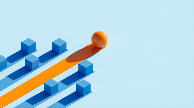 A solitary orange sphere forging its own vibrant path forward, showcasing leadership, individuality, and a bold departure from identical blue blocks