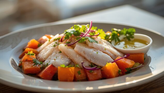 Newly made Peruvian ceviche with pejerrey, accompanied by sweet potato, red onion, cilantro, and rich leche de tigre, highlighting delicate fish and lively coastal tastes