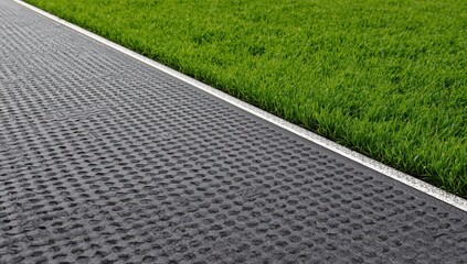 Obraz premium Perspective of a textured grey track mat beside a grassy lane, featuring unique holes that enhance the athletic atmosphere