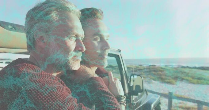 Vertical video: Romance-sparked mature man leaning in and embracing partner by SUV, bracelets