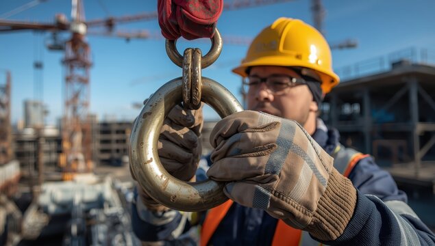 Detailed image of a high-risk worker in heavy-duty gloves and a safety helmet securing a pin in a D-shackle on a crane lifting lug before a lift at a construction site in Perth