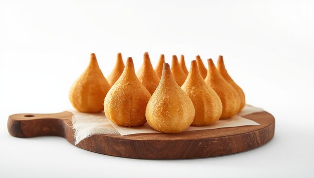 Traditional Brazilian snack. Coxinhas on a wooden board. Studio shot against a white backdrop