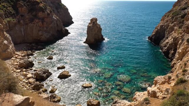 A breathtaking high-angle view captures the stunning natural beauty of a rugged coastline on a bright, sunny day. Crystal-clear turquoise waters sparkle under the strong sunlight, revealing smooth roc