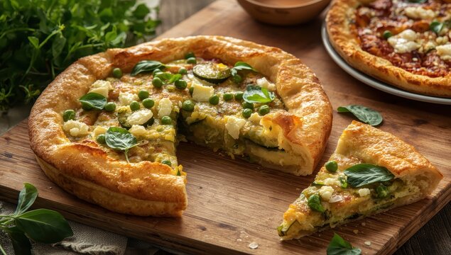 Phyllo tart with zucchini, cheese, green peas, micro greens, and basil. Feta pizza with zucchini in puff pastry. Savory vegetarian baked goods