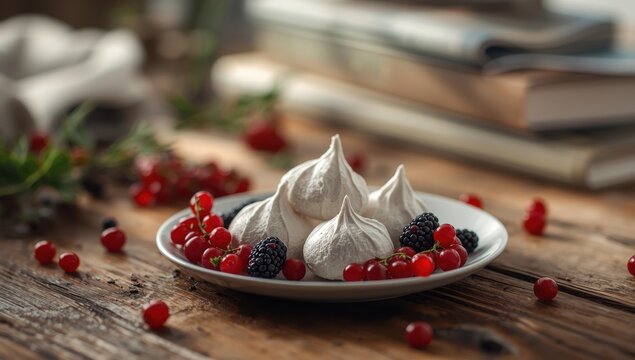 Plant-based meringue, cooked chickpeas, chickpea water, red currants, and blackberries on a wooden surface. The idea of plant-based cooking. A beneficial ingredient. Blurred focus