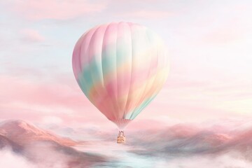 Obraz premium A Pastel Dreamscape: A whimsical hot air balloon, adorned in pastel hues, gracefully ascends through a soft, dreamlike sky, evoking feelings of serenity and imagination.