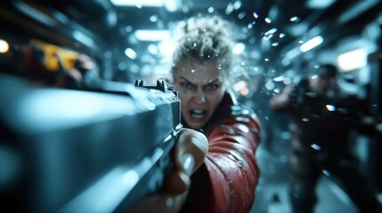 Fototapeta premium An intense action moment captures a fierce gunwoman in motion, passionately aiming her firearm, encapsulating adrenaline and drama in a cinematic setting.