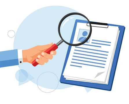 Human resources and recruitment concept with clipboard paper documents and magnifying glass over resume in hand on white background