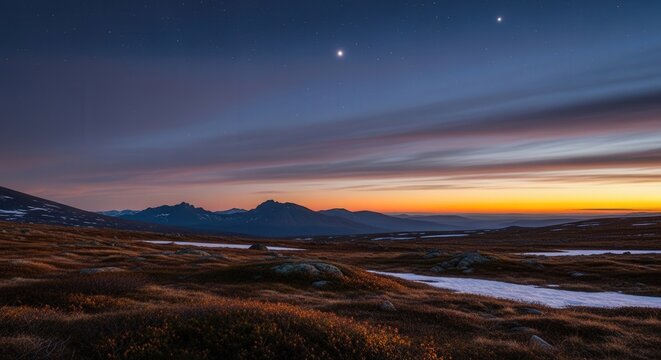 Serene Mountain Landscape Under Twilight Sky with Stars and Sunset Glow