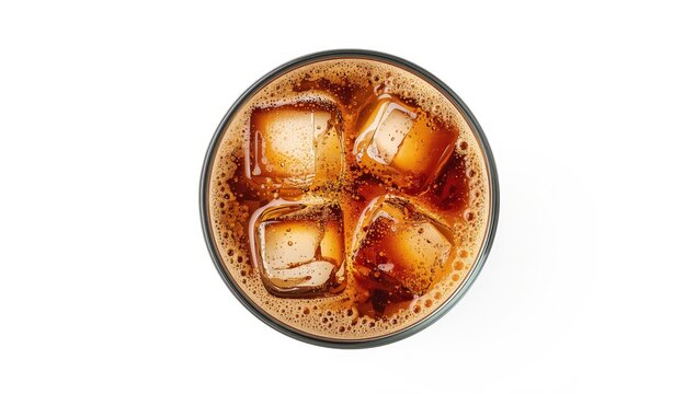 overhead shot of a glass filled with cola and ice on a white backdrop