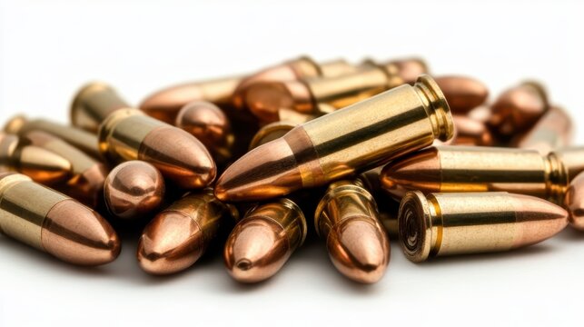 Close-up view of shiny bullets, representing themes of firearms, conflict, and military contexts, illustrating the stark realities of violence and their impact on society and culture.