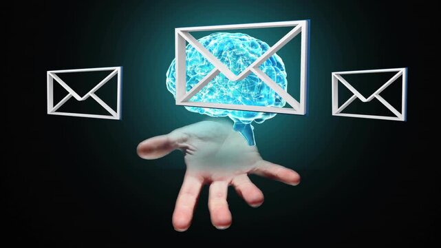 Right hand emerging lower center, presenting brain while envelope hovering, showing email tech