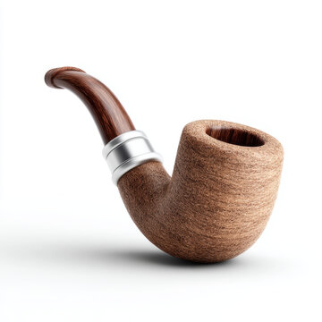 Wooden smoking pipe with metal band on white background  