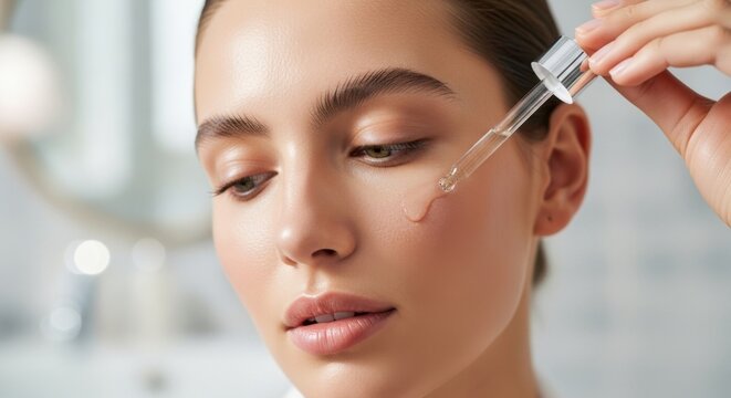 Close up of woman applying serum to face in bathroom, natural skin care and beauty routine concept.