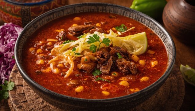 Vegan Pozole Rojo featuring cacahuazintle, jackfruit, mushrooms, and dried chilies: guajillo, ancho, pasilla