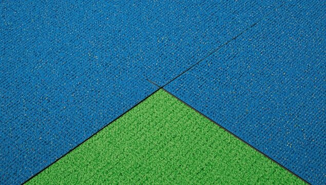Detailed view of blue and green rubberized flooring in a playground. Impact-absorbing, non-slip surface designed for kids. Vibrant, textured design