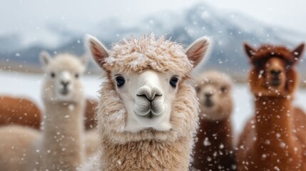 Fototapeta premium A close-up of playful alpacas surrounded by snow highlights the gentleness of these creatures against a backdrop of majestic mountains, creating a whimsical and enchanting winter scene.