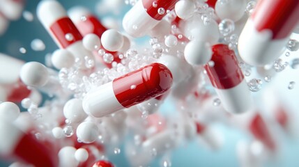 A vivid depiction of red and white capsules, symbolizing modern medicine and health, with bubbles in a blue background creating an abstract representation of vitality.