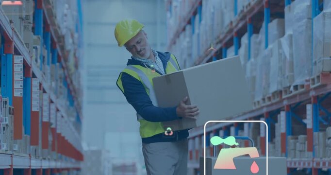 Warehouse worker restocking lifting heavy box from stack eco icons appearing and holding lower back