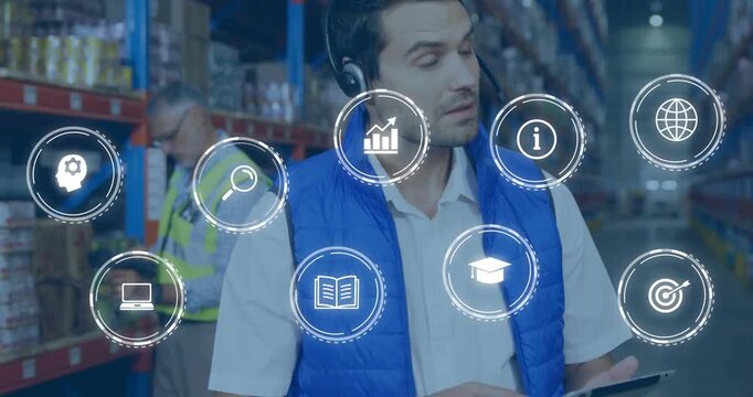 Lead tapping tablet, watching HUD icons overlaying shelves and matching inventory for logistics