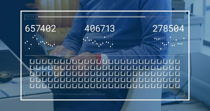 Man tapping tablet at desk showing finance overlay updating to six digits tracking marking red grid