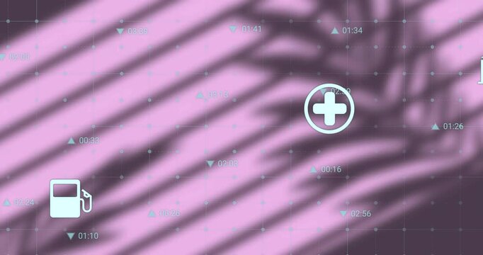 Vertical video: White service icons entering right, sliding left across mauve UI showing timestamps