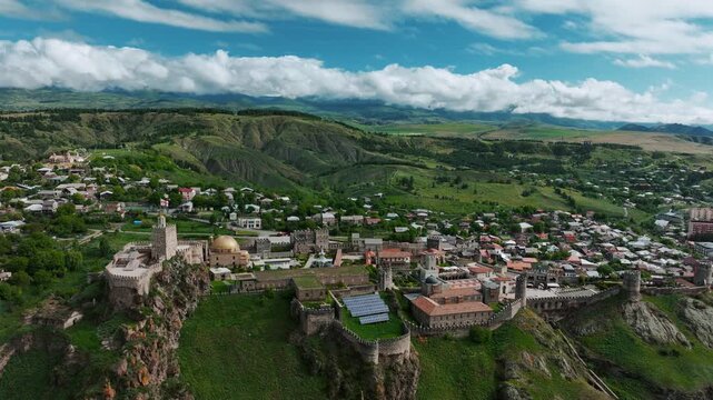 Cinematic aerial drone footage of Rabati Castle, a historic fortress complex located in Akhaltsikhe, Georgia.