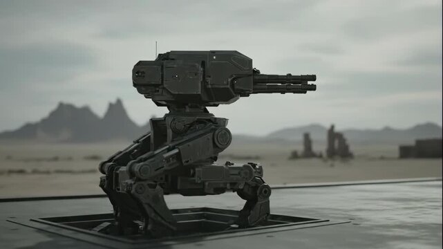 Futuristic Robot Sentinel in Desert Landscape.