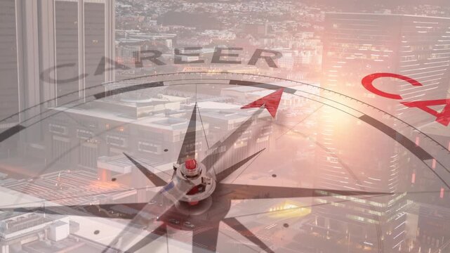 Vertical video: Panning camera showing rotating metal compass aiming red needle to CAREER over city