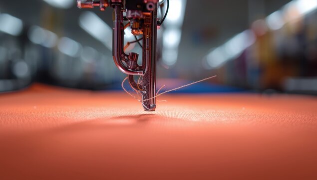 Detailed view of embroidery machine needle in textile manufacturing, needle with thread