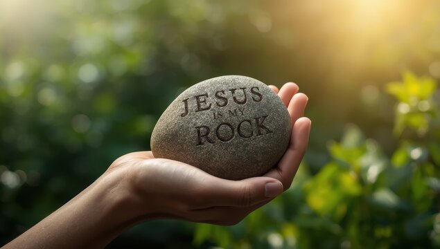 A stone inscribed with "Jesus is My Rock" held in nature. Close-up. Motivational Christian message symbolizing strength, hope, and a solid foundation in God. Biblical idea