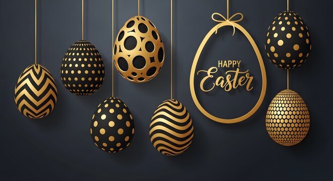 Easter eggs decorated with gold patterns and happy easter greeting