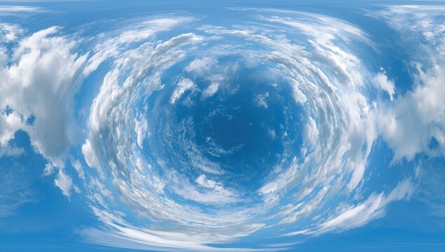 Seamless 360-degree HDRI panorama of a bright blue sky filled with fluffy clouds, designed for 3D graphics or game development as a sky dome or drone footage edit