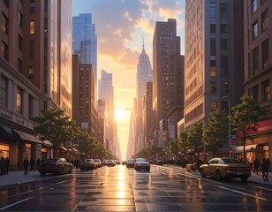 Obraz premium A city street with tall buildings and cars at sunset